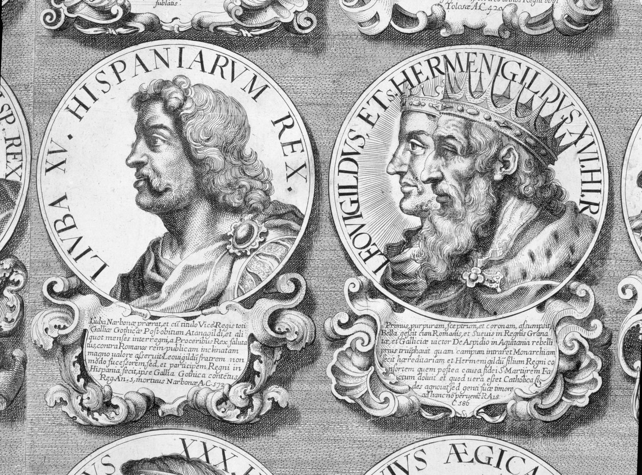 Porträts von Liuva I., Liuvigild und Hermenegild (Lithografie) von Unbekannt