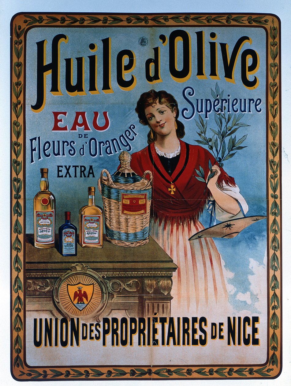 Plakat zur Werbung für Olivenöl aus Nizza, Frankreich von Unbekannter Künstler