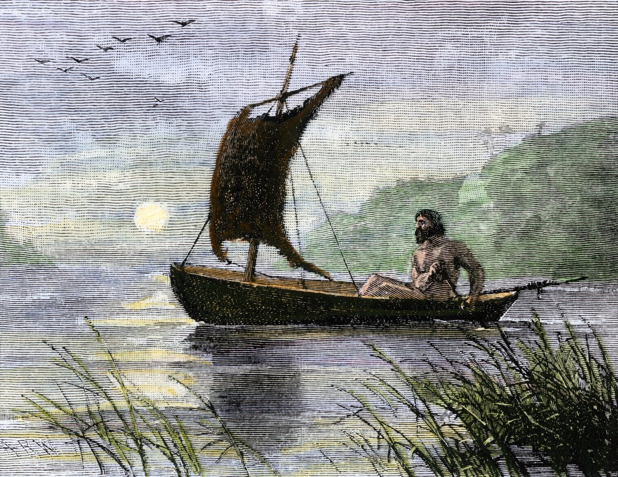 Prähistorische Navigation, Ruderkanu mit Tierhautsegel von Unbekannter Künstler