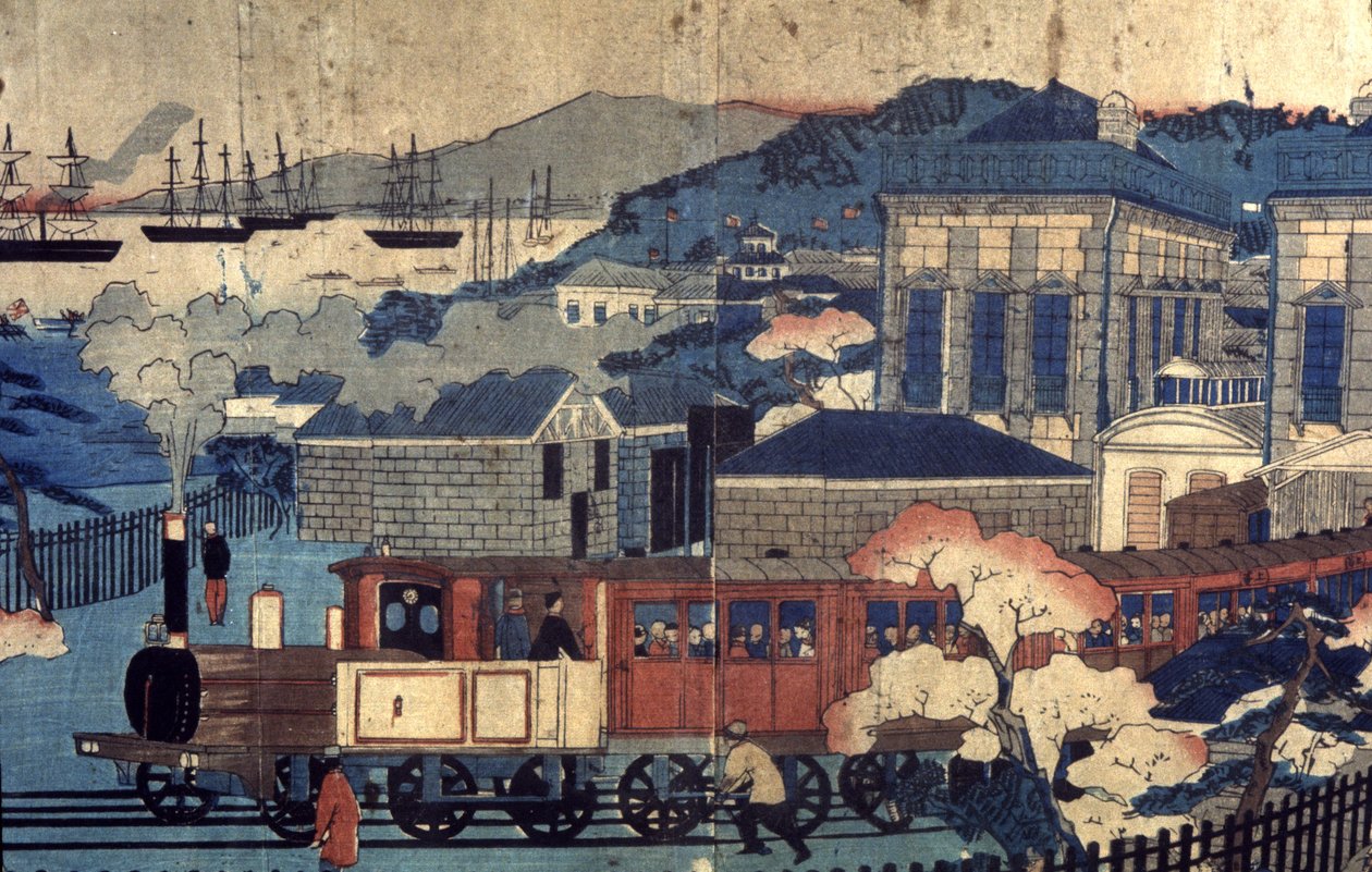 Eisenbahn in einem japanischen Hafen, Ende des 19. Jahrhunderts (Gravur) von Unbekannter Künstler