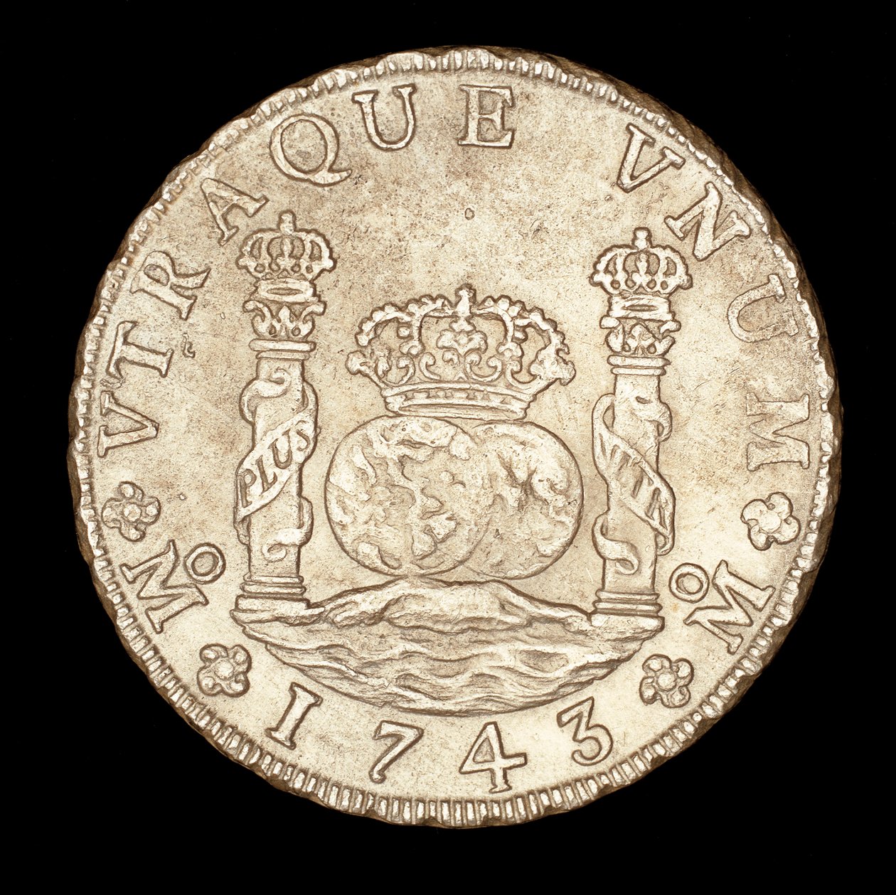 Seltene Silbermünze, Spanisch-Amerika König Ferdinand VI, 8 Reale, Säulen des Herkules an der Straße von Gibraltar mit Globus, Krone von Unbekannter Künstler