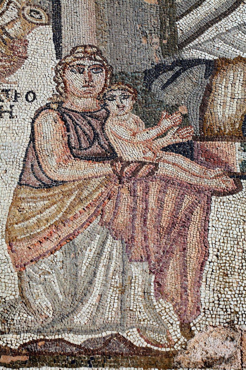 Darstellung des neugeborenen Achilles mit seiner Amme Anatrophe - (Detail) - Paphos-Mosaiken, Villa des Theseus, 5. Jahrhundert n. Chr. - Zypern von Unbekannt