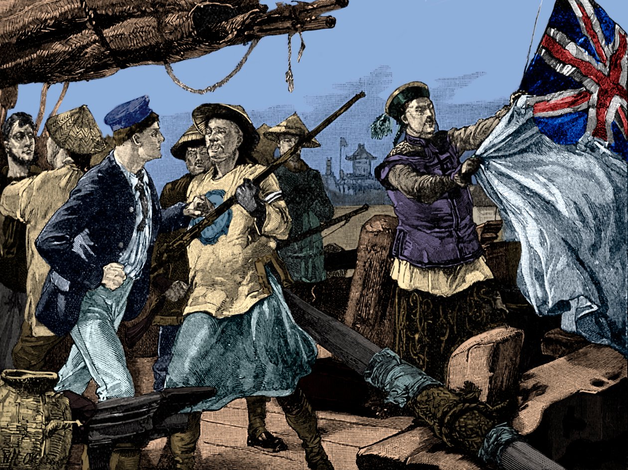 Zweiter Opiumkrieg: Chinesische Beamte reißen die britische Flagge auf dem Schiff Arrow herunter von Unbekannter Künstler