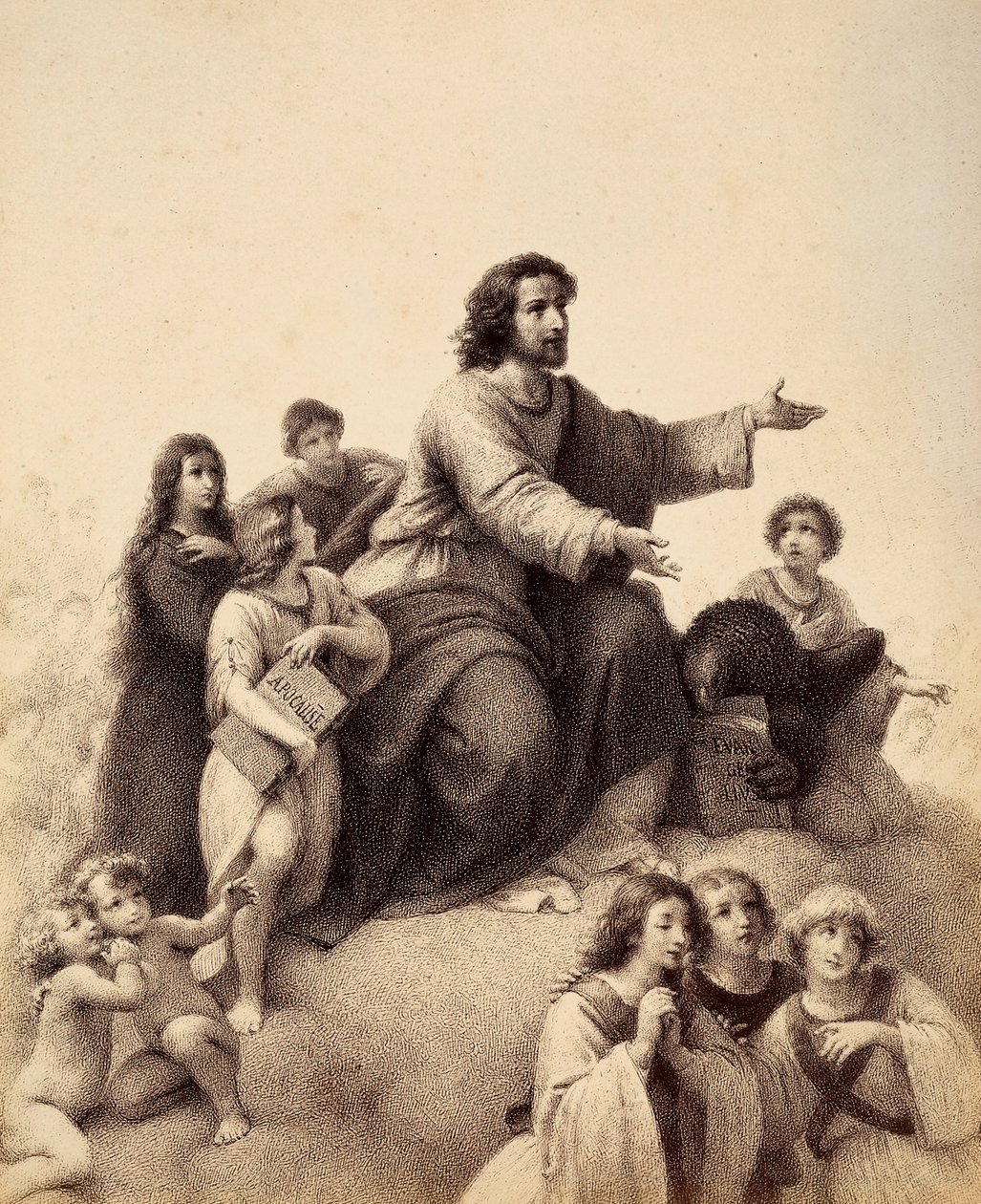 St. Johannes der Evangelist mit ausgestreckten Armen ist von Jugendlichen und Engeln umgeben; zu seinen Füßen hält ein Adler das Evangelium in seinen Klauen; ein Jugendlicher, rechts vom Heiligen, hält das Buch der Apokalypse (Die Offenbarung). Illustratio von Unbekannter Künstler