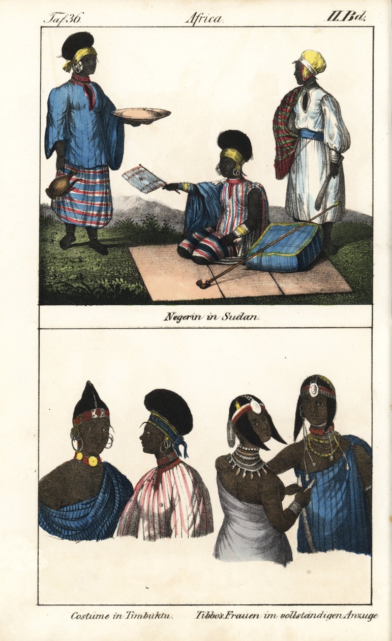 Sudanesische Frauen im gestreiften Kleid. Unten, Demmes von Timbuktu (Mali) und Tibbo-Frauen der Sahara. Lithographie aus dem Buch: „Galerie complète en tableaux fidèles des peuples d