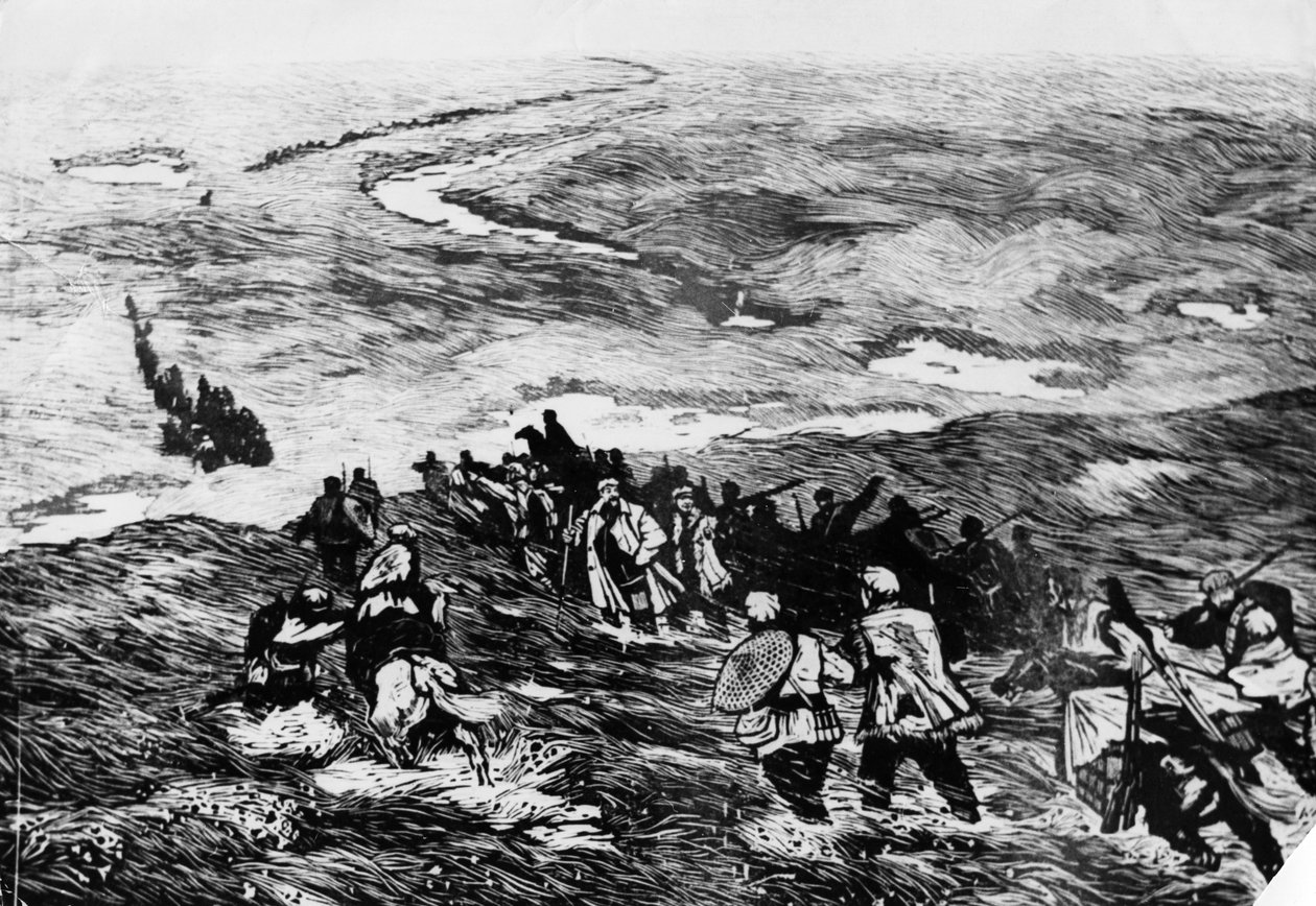 Die chinesische Rote Armee durchquert das Sumpfland. Ein Holzschnitt von Li Huan-min. Die Rote Armee überquert 1935 einen Sumpf von Unbekannt