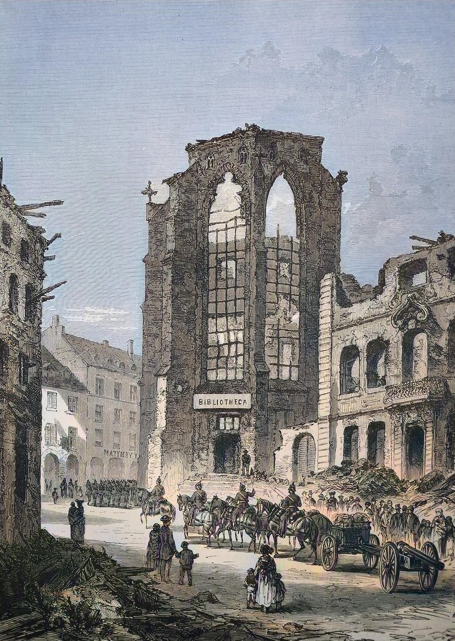 Das zerstörte Gebäude der Bibliothek in Straßburg von Unbekannter Künstler