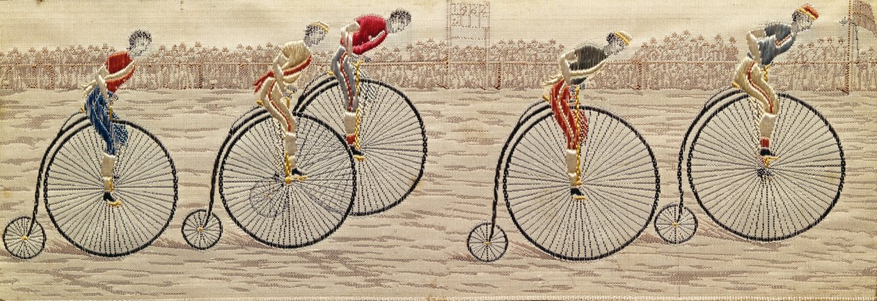 Die letzte Runde, Penny Farthing Rennen gewebte Seide Stevengraph, von Thomas Stevens aus Coventry von Unbekannter Künstler