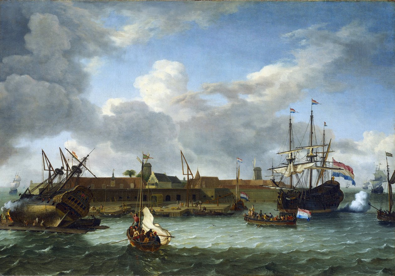 Die Insel Onrust vor der Küste von Batavia (heute Jakarta, Indonesien), ausgestattet mit allen notwendigen Infrastrukturen für kommerzielle Aktivitäten und die Wartung der Schiffe der Niederländischen Ostindien-Kompanie von Unbekannter Künstler