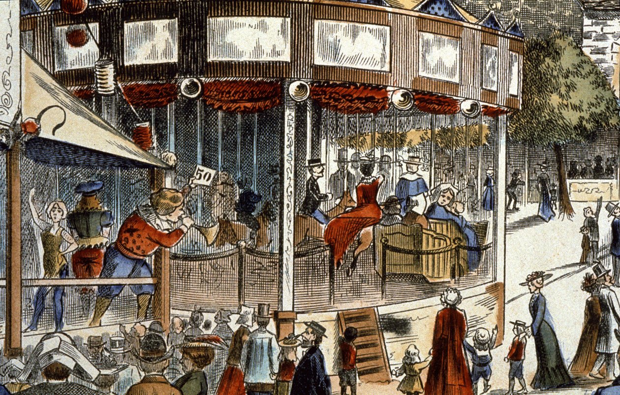 Das Karussell auf dem Jahrmarkt, Ende des 19. Jahrhunderts (Gravur) von Unbekannter Künstler