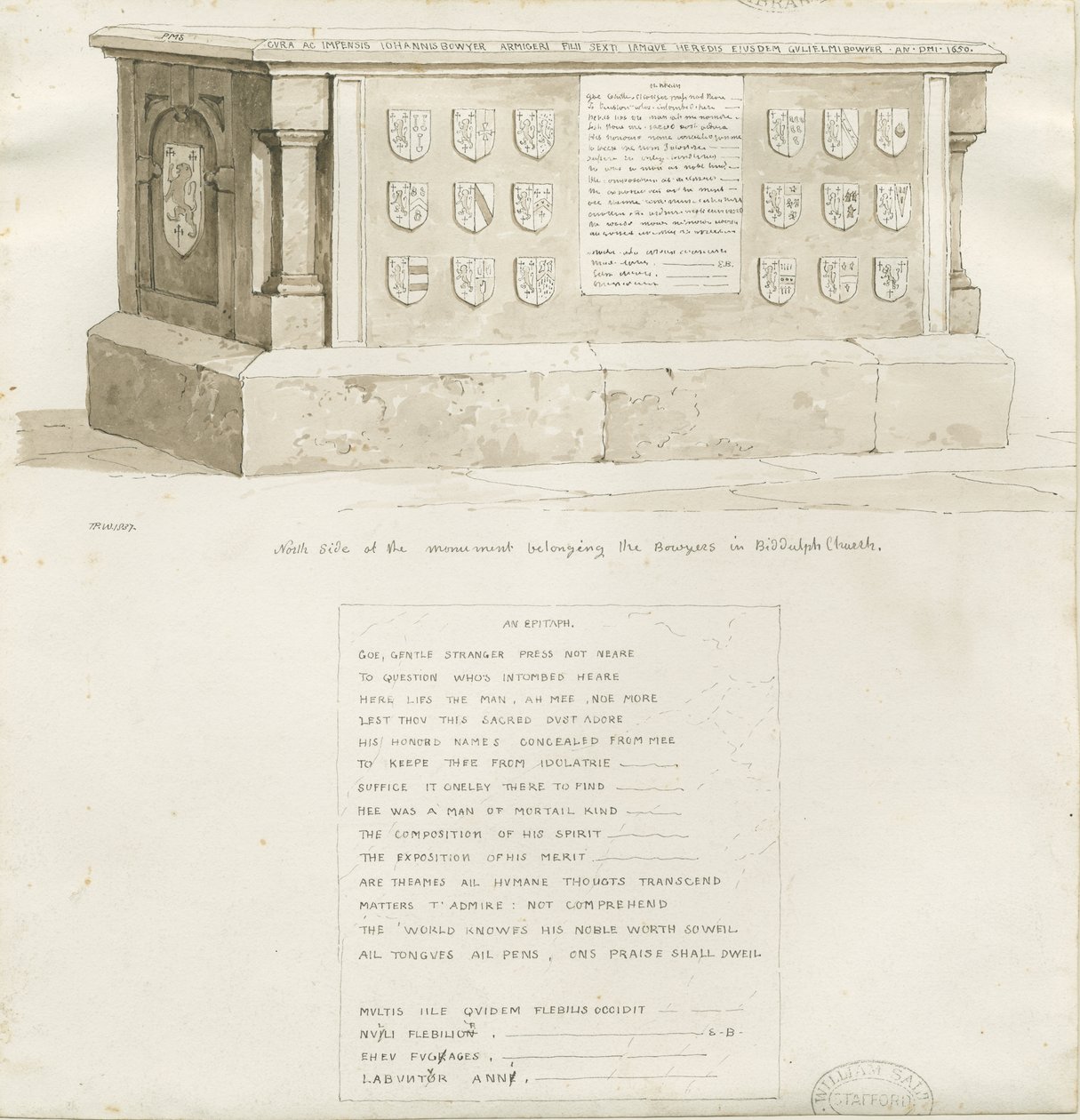 Grab in Biddulph Kirche - "William Bowyer": Sepiazeichnung, 1837 von Unbekannt
