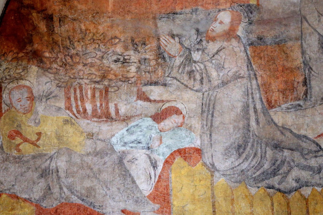 Kirche von Vault de Lugny. Wandmalerei aus dem 16. Jahrhundert. Christus in seiner Passion. Gethsemane, Jesus betet, während die Jünger ruhen. Frankreich von Unbekannt