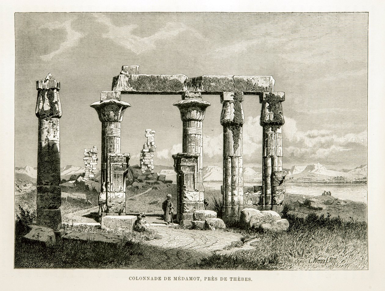 Ansicht der Ruinen des Medamot-Tempels in der Nähe von Theben, Ägypten - Illustration aus dem Atlas von Ägypten von Unknown