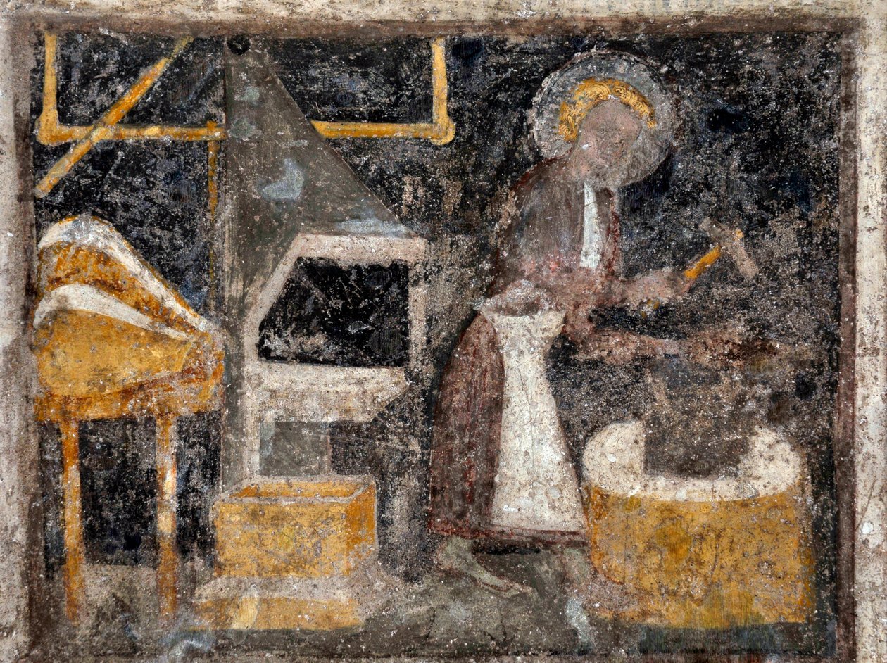 Wandmalereien des Lebens von Saint Eloi „Schmied und Goldschmied“ in der Kathedrale Notre Dame de Rodez. Legende in der Sprache des Okzitanischen von Unbekannter Künstler