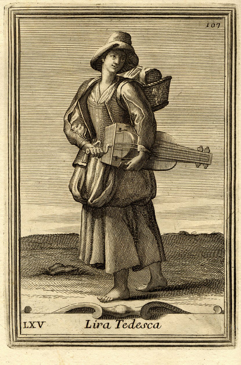 Frau spielt das alte Rad (oder "Lira tedesca" oder "ghironda"). In "Gabinetto Armonico" von Filippo Bonanni, Rom von Unbekannter Künstler