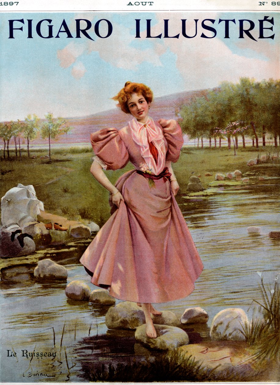 Junge Frau überquert einen Bach (aus Figaro Illustré, August 1897) von Unbekannter Künstler
