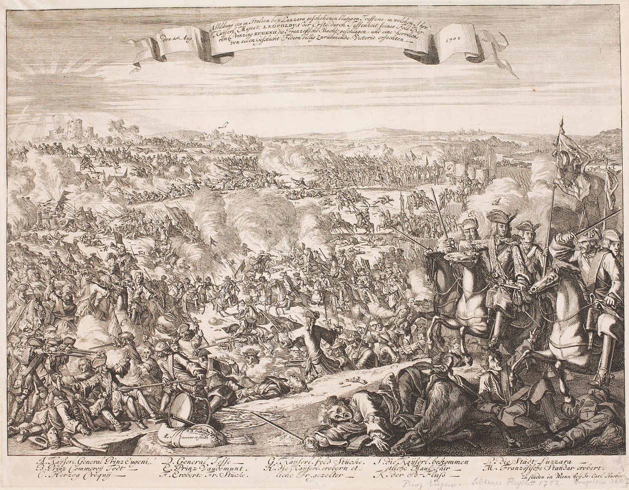Flugblatt auf die Schlacht bei Luzzara im Jahr 1702 von Unbekannter Stecher