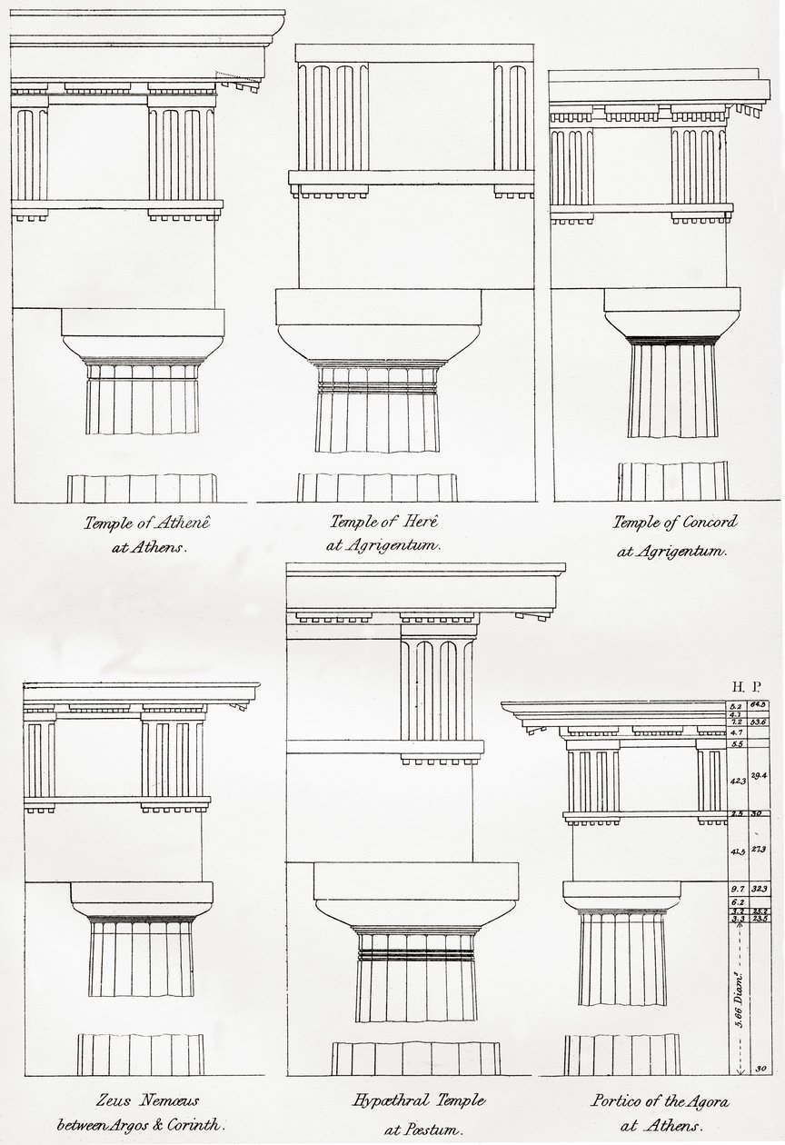 Beispiele für dorische Ordnungen der griechischen Architektur, aus The National Encyclopaedia, veröffentlicht ca. 1890 von Unbekannt Unbekannt