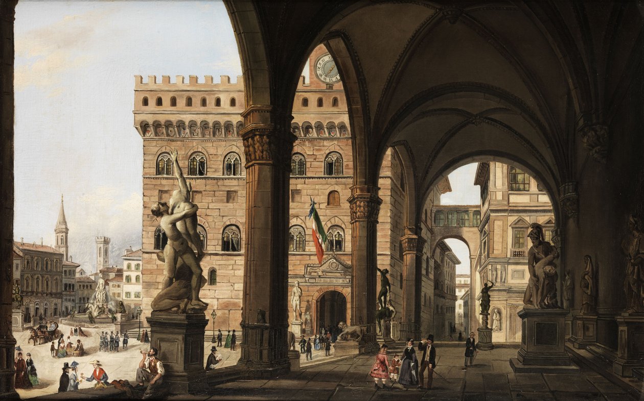 Blick von der Loggia dei Lanzi zum Palazzo della Signoria in Florenz von Unknown