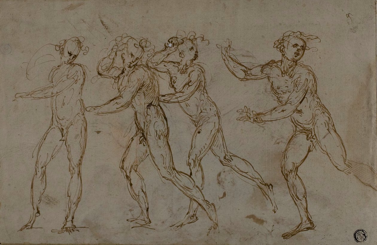Vier laufende männliche Nackte (recto); Heilige Familie mit dem kleinen Johannes dem Täufer (verso) von Unknown