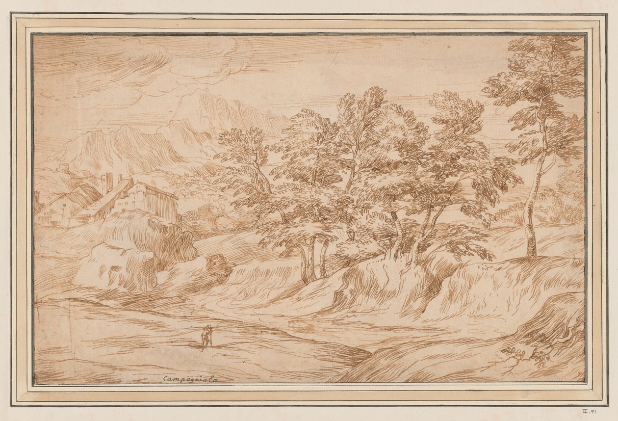 Gebirgige Landschaft mit Häusern links und Bäumen rechts von Unknown