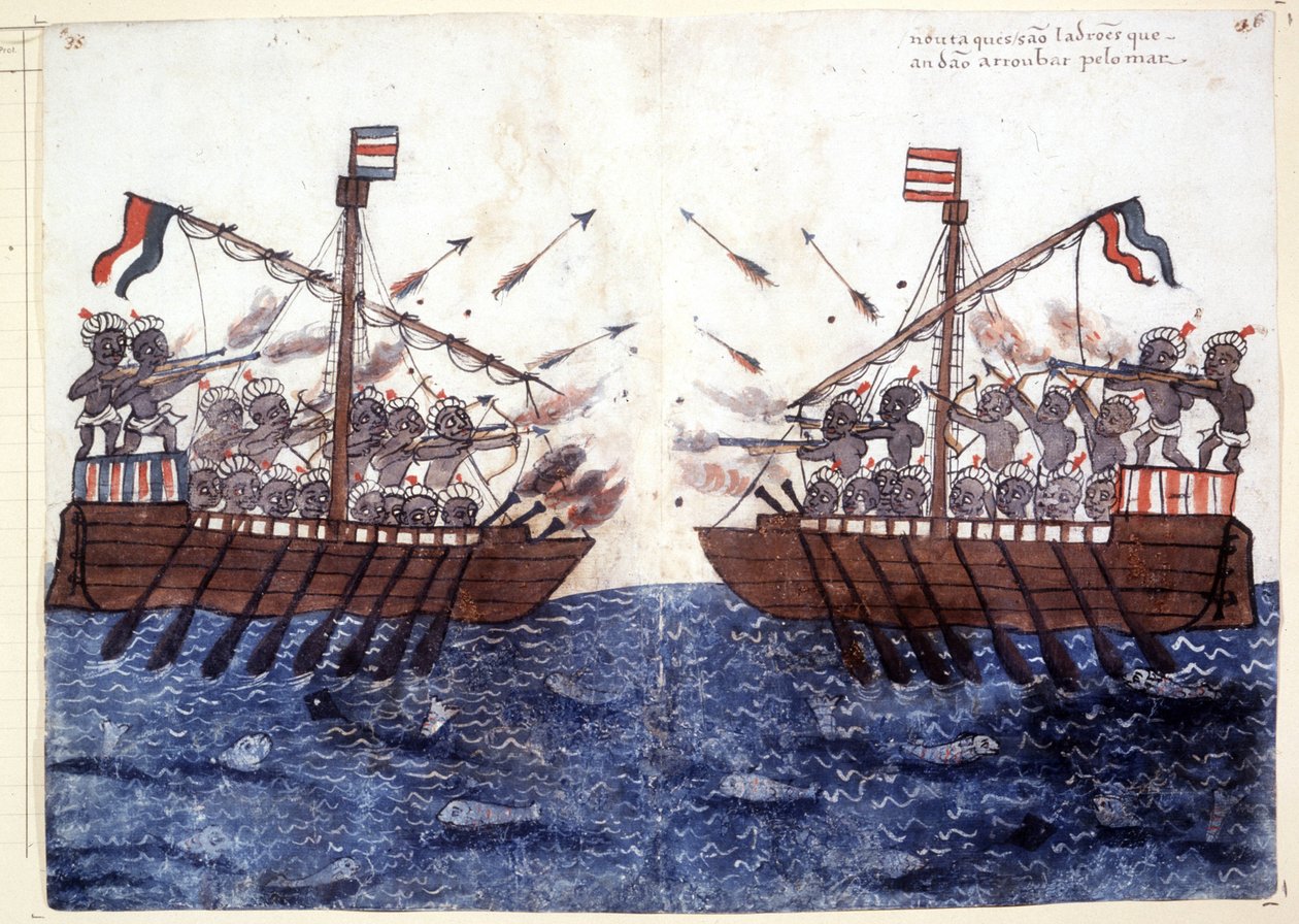 Gravur aus dem 16. Jahrhundert, die die Begegnung mit einem Piratenschiff im Indischen Ozean darstellt. Rom, Biblioteca Casanatense. von Unknown artist