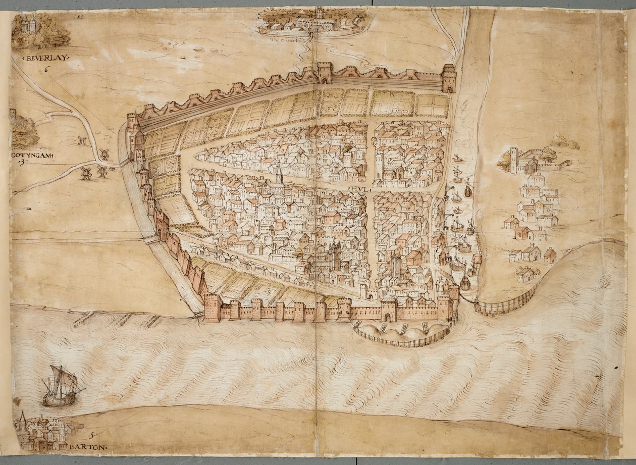 Eine Darstellung der Stadt Hull aus dem 16. Jahrhundert. Diese Karte zeigt die Stadt Hull, gelegen an der Mündung des Flusses Hull in die Humber-Mündung. Es ist eine von einer Reihe von Plänen, die den Zustand der Küstenverteidigungen um 1530 zeigen. von Unknown artist
