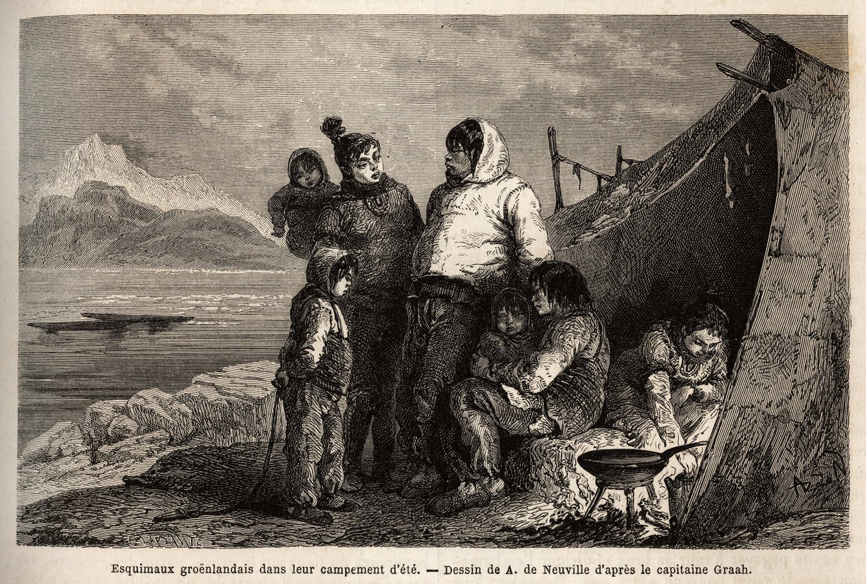 Eine grönländische Inuit-Familie in ihrem Sommerlager aus Fellen. Illustration der Reise zum freien Meer des Arktischen Pols, von Doktor Hayes, Chirurg der US-Marine, 1860-1862, veröffentlicht in 