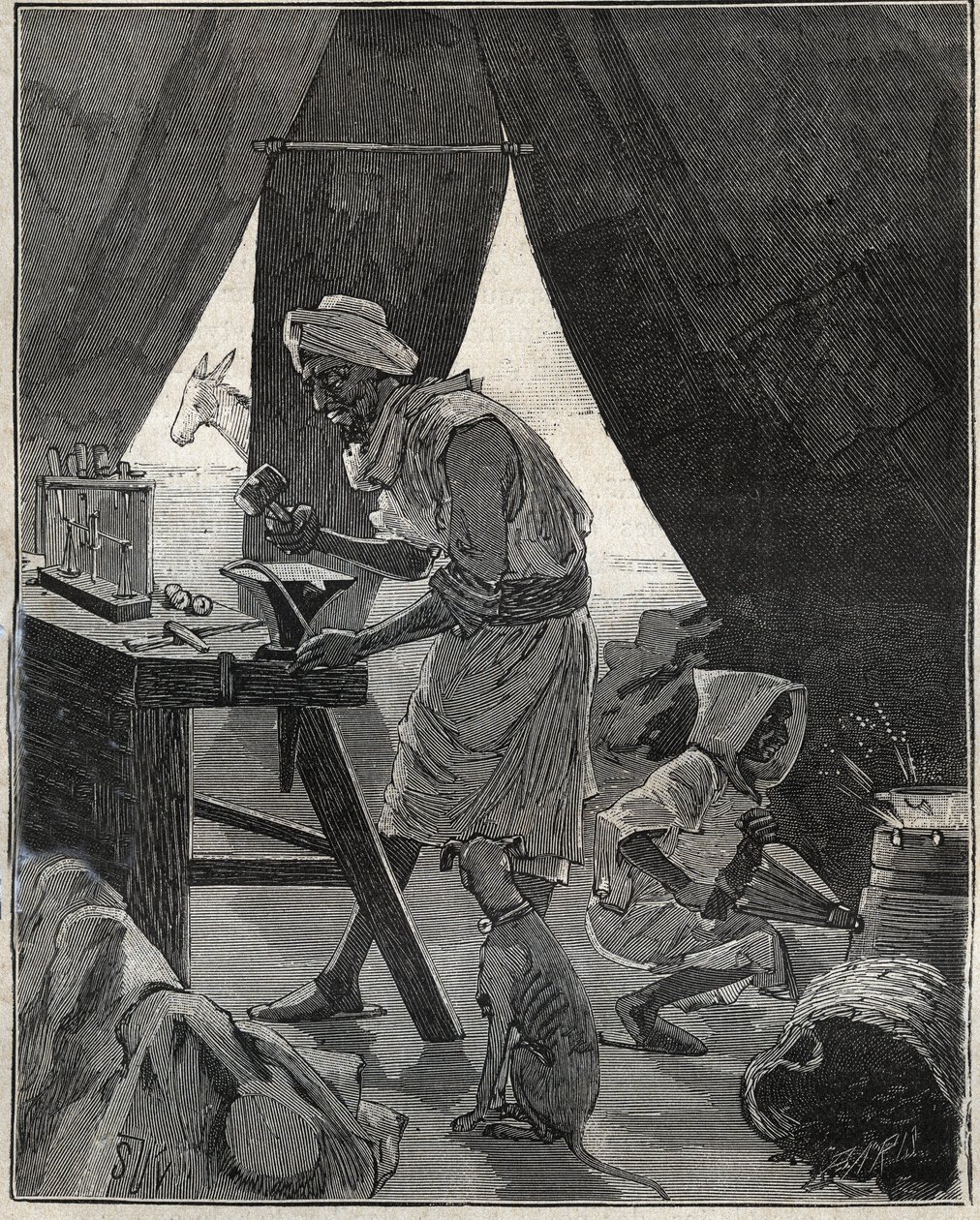Ein Kabyle-Juwelier in Algerien im 19. Jahrhundert. Gravur von 1885 in „Les arts et métiers illustrés“ von Adolphe Bitard. von Unknown artist