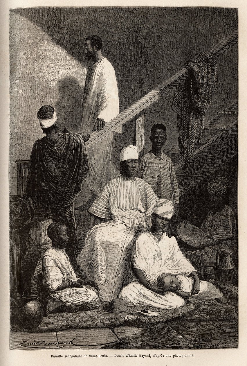 Eine senegalesische Familie aus Saint Louis. Gravur zur Illustration einer Kreuzfahrt an der Küste Afrikas, von Vizeadmiral Fleuriot de Langle, 1868, veröffentlicht in „Le tour du monde“ 1872, herausgegeben von Edouard Charton, Hachette, Paris. Selva-Samml von Unknown artist