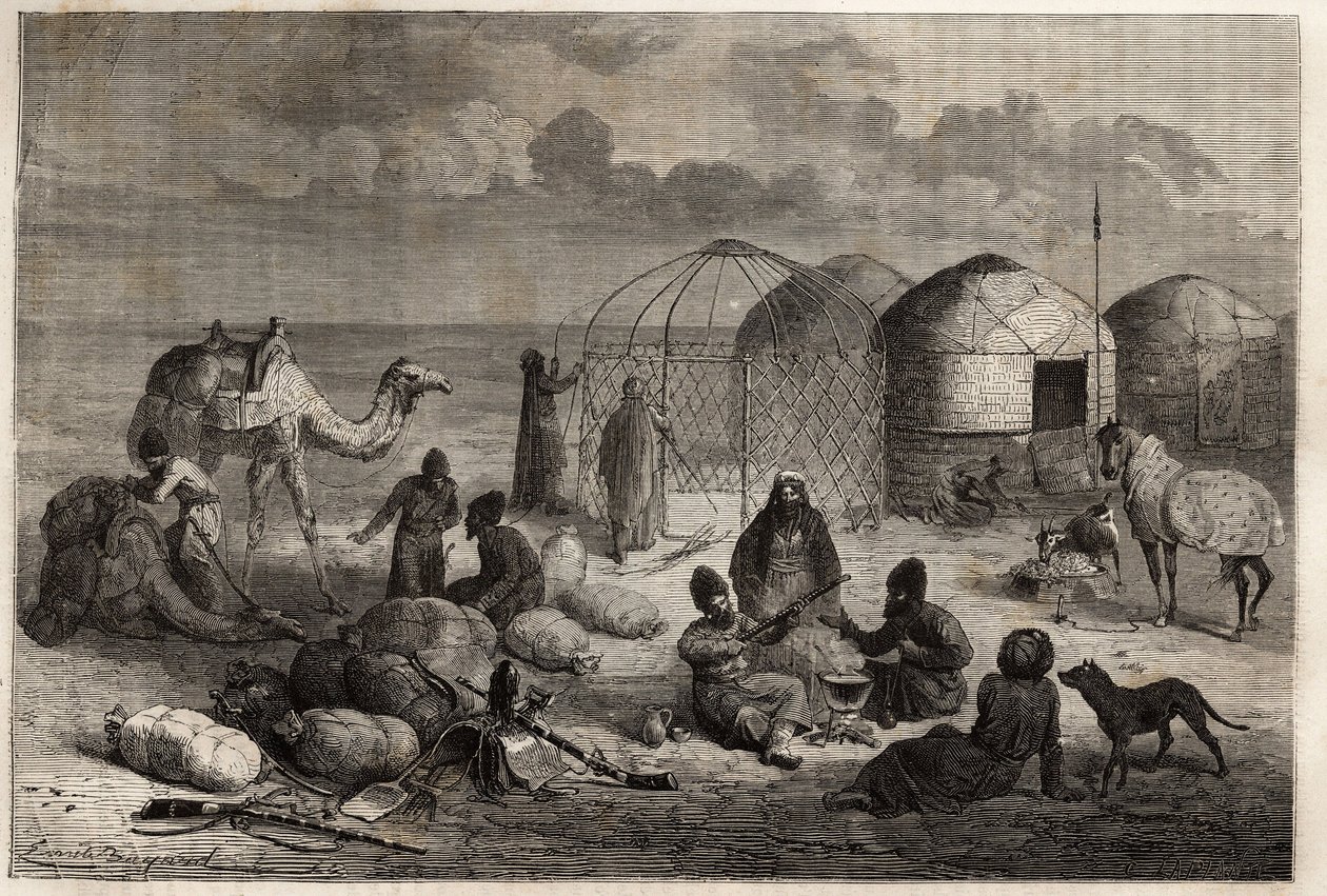 Ein Turkmenenlager im Grenzgebiet von Turkestan und Persien, jedes Zelt, bestehend aus einem Holzgerüst und mit Filz bedeckt, beherbergt eine Familie. Gravur zur Illustration der Geschichte von Henri de Blocqueville „14 mois de captivité chez les turcomans von Unknown artist