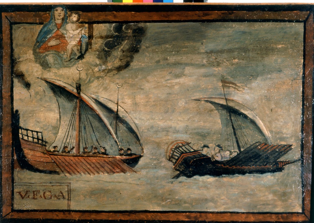 Eine türkische Galeere verfolgt eine Galeere des Königreichs Neapel. Ex-voto des 17. Jahrhunderts. Kirche der Madonna dell