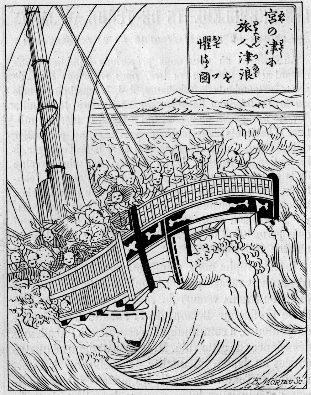 Eine Hintergrundwelle, die durch ein Erdbeben verursacht wurde. Faksimile einer Gravur aus einem japanischen Werk über Erdbeben. Gravur in „La Nature: revue des sciences et de leurs applications aux arts et a l