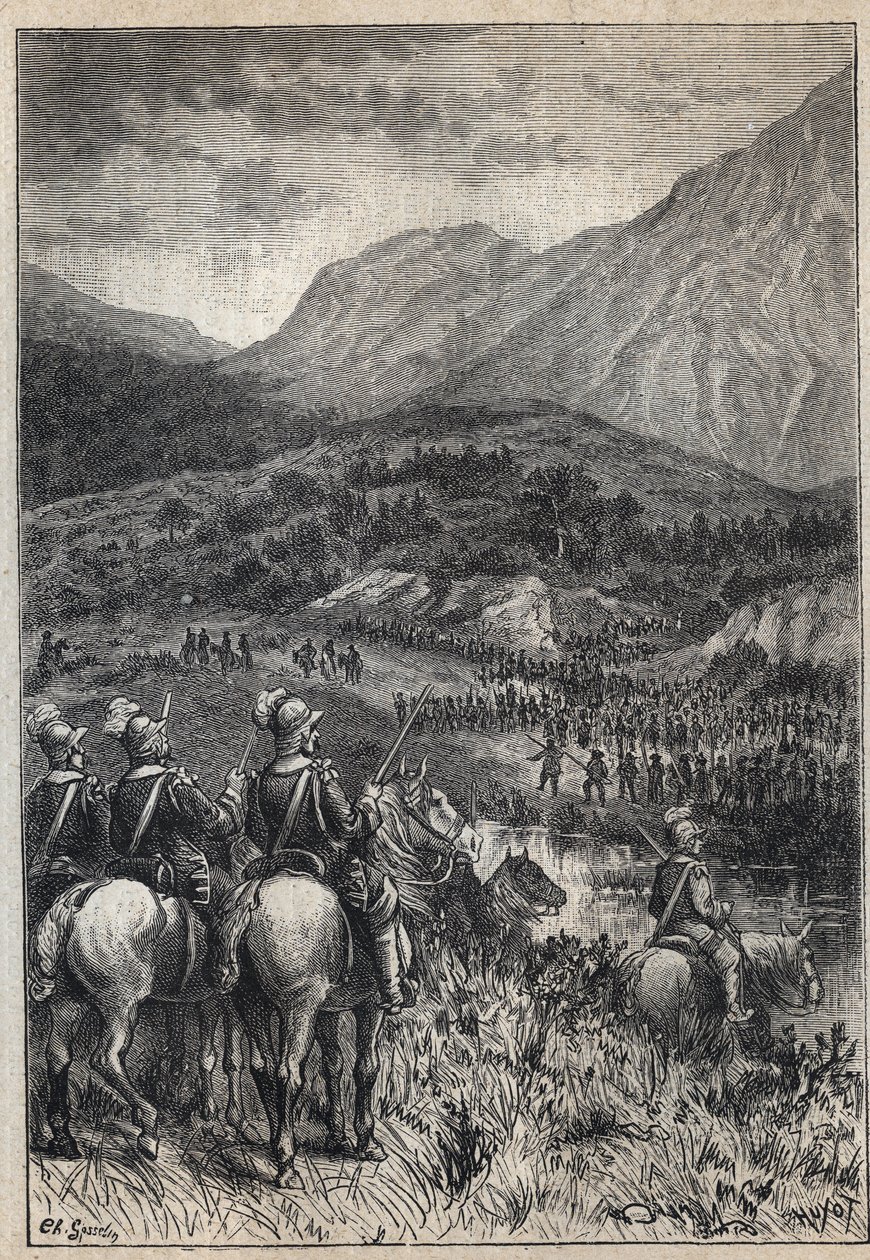 Ein Schlachtfeld - Illustration des 19. Jahrhunderts für den historischen Roman „The Puritans of Scotland“ (Old Mortality) von Walter Scott von Unknown artist