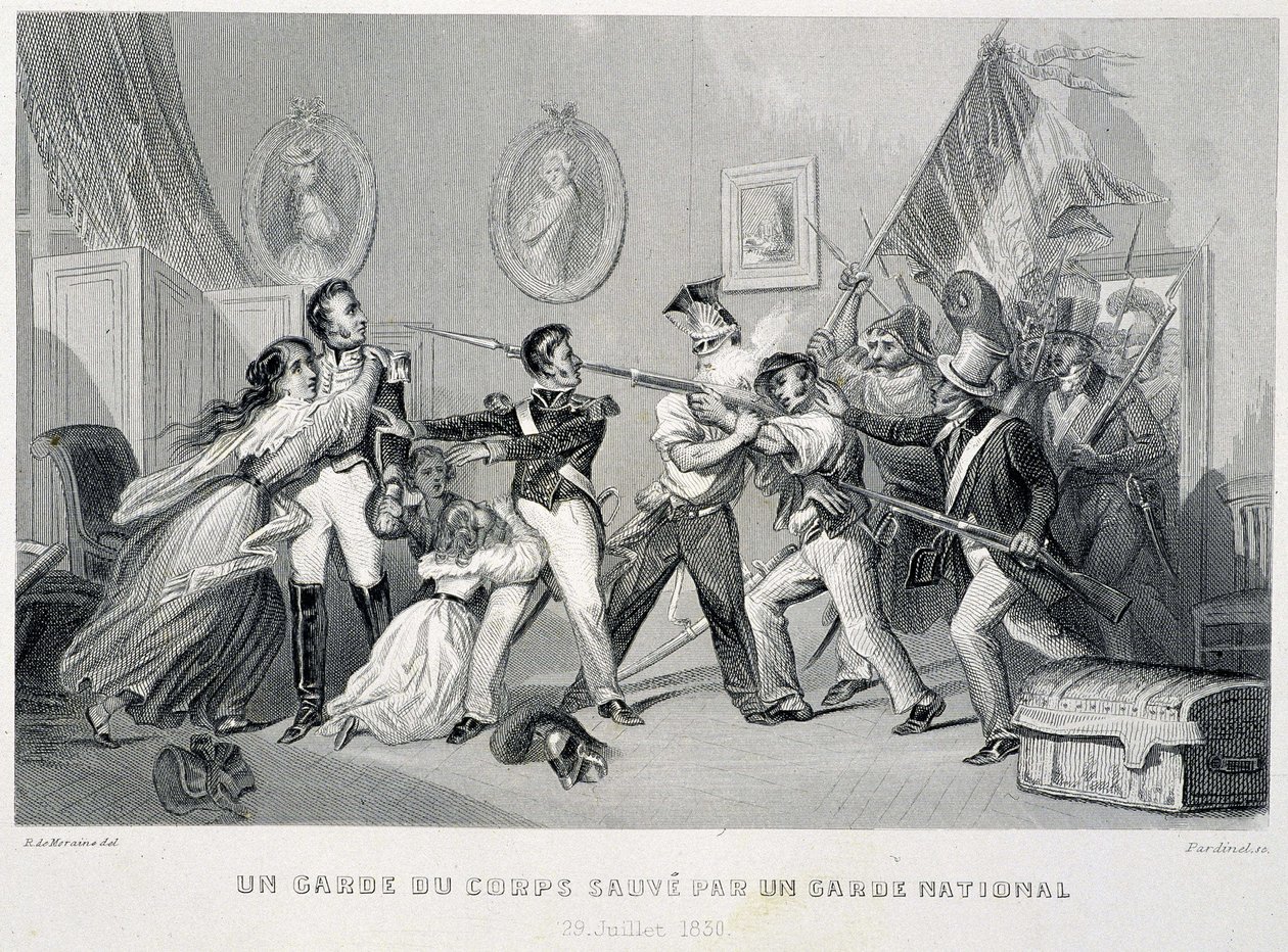 Ein Leibwächter wird von einem Nationalgardisten gerettet (29. Juli 1830) - in „Fastes de Gardes nationales de France“ von Unknown artist
