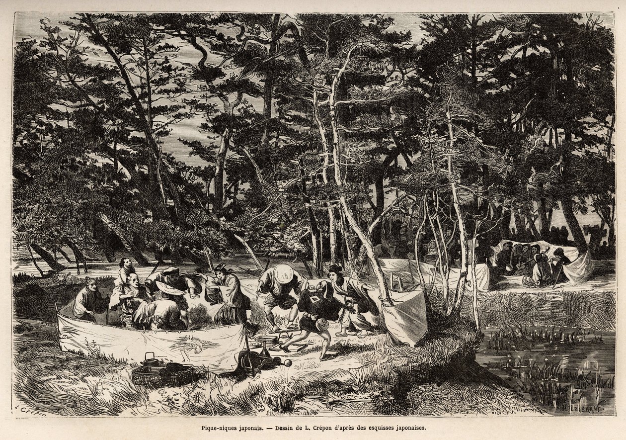 Ein bürgerliches Picknick in den Vororten von Edo (heutiges Tokio), innerhalb einer Stoffumzäunung, Gäste, normalerweise zwei Familien, teilen ihre Mahlzeit und oft gibt es Musiker, Tänzer und Pantomimen. Gravur zur Illustration der Reise von Unknown artist