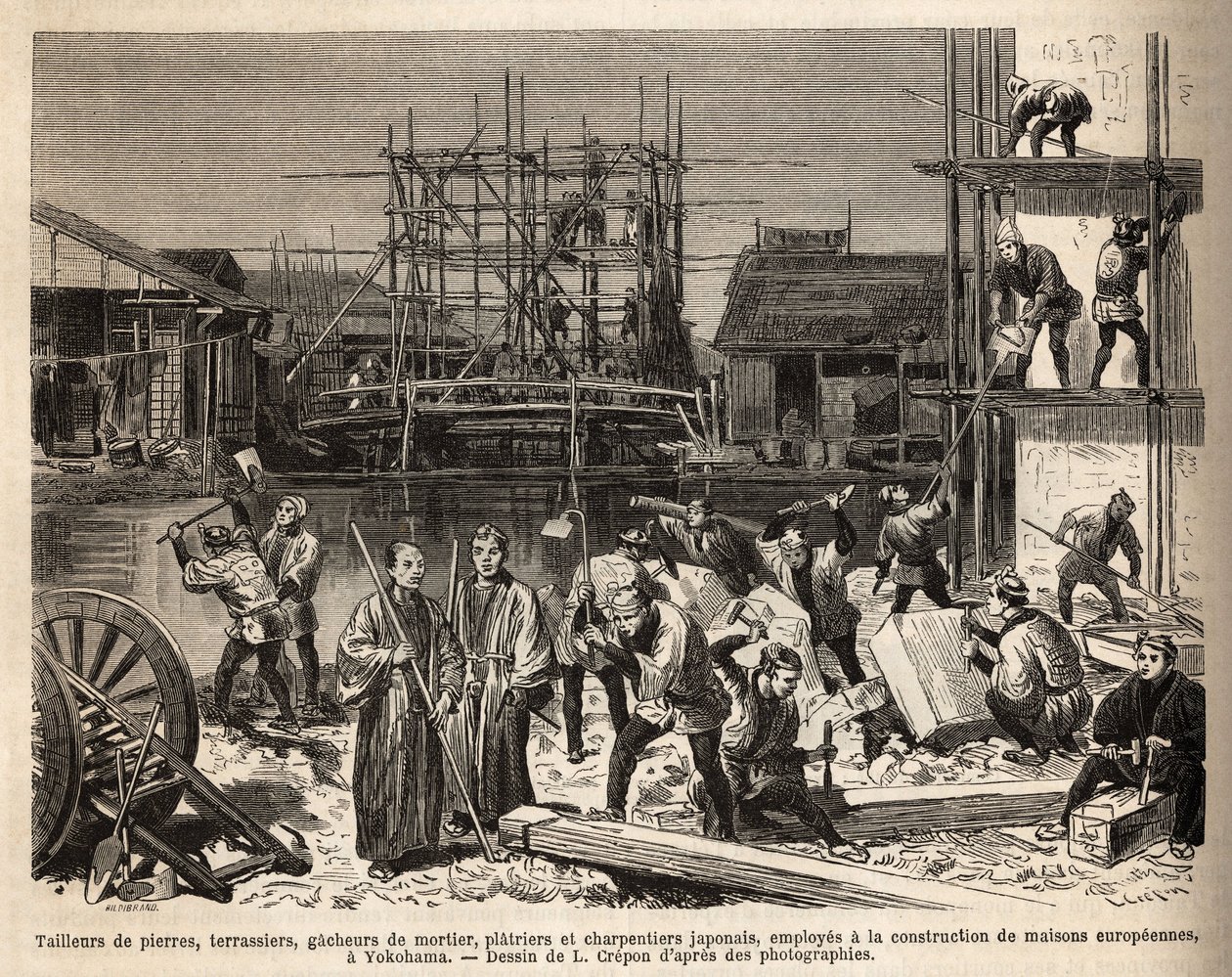 Eine Baustelle für ein europäisches Haus in Edo (Tokio) mit Steinschneidern, Erdarbeitern, Mörtelmischern, Pflastern und Zimmerleuten. Gravur zur Illustration der Reise nach Japan, von Aime Humbert, Minister der Schweizerischen Eidgenossenschaft, veröffent von Unknown artist