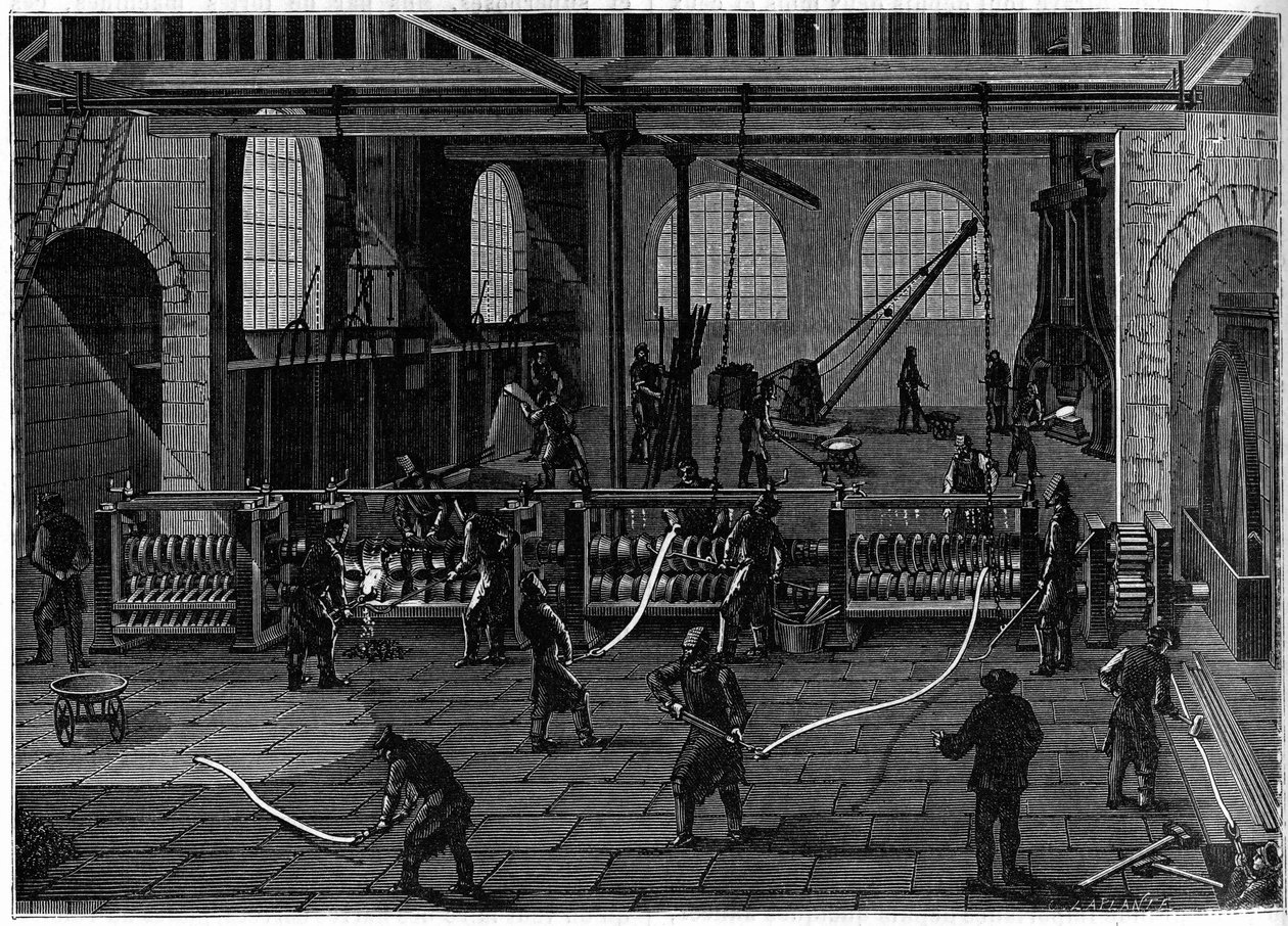 Eine Kupferzeichnungswerkstatt in England. Gravur im illustrierten Journal „La Jeunesse“. von Unknown artist