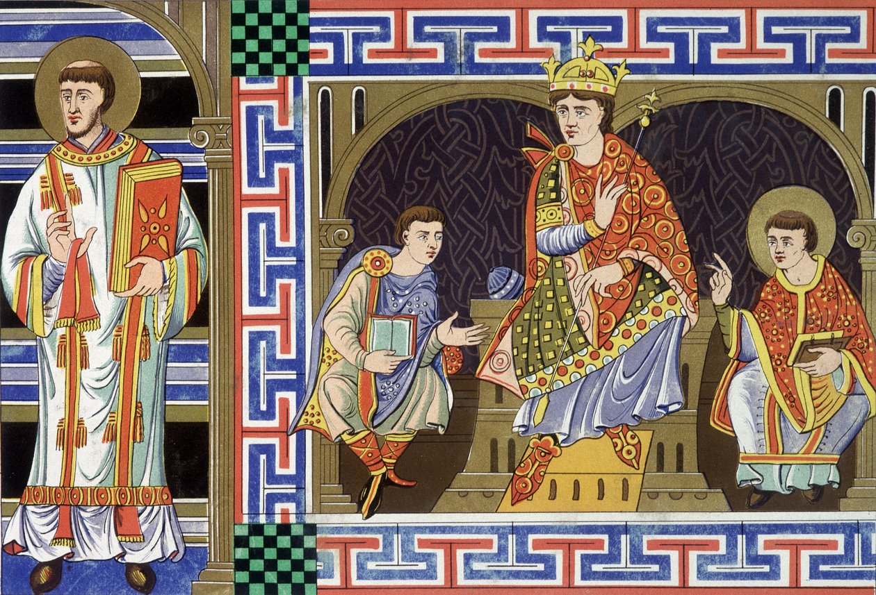 Ein Diakon, eine edle Figur, ein König und ein Bischof, die das Volk des zehnten Jahrhunderts darstellen; Illustration des neunzehnten Jahrhunderts aus "Frankreich im zehnten Jahrhundert" von Unknown artist