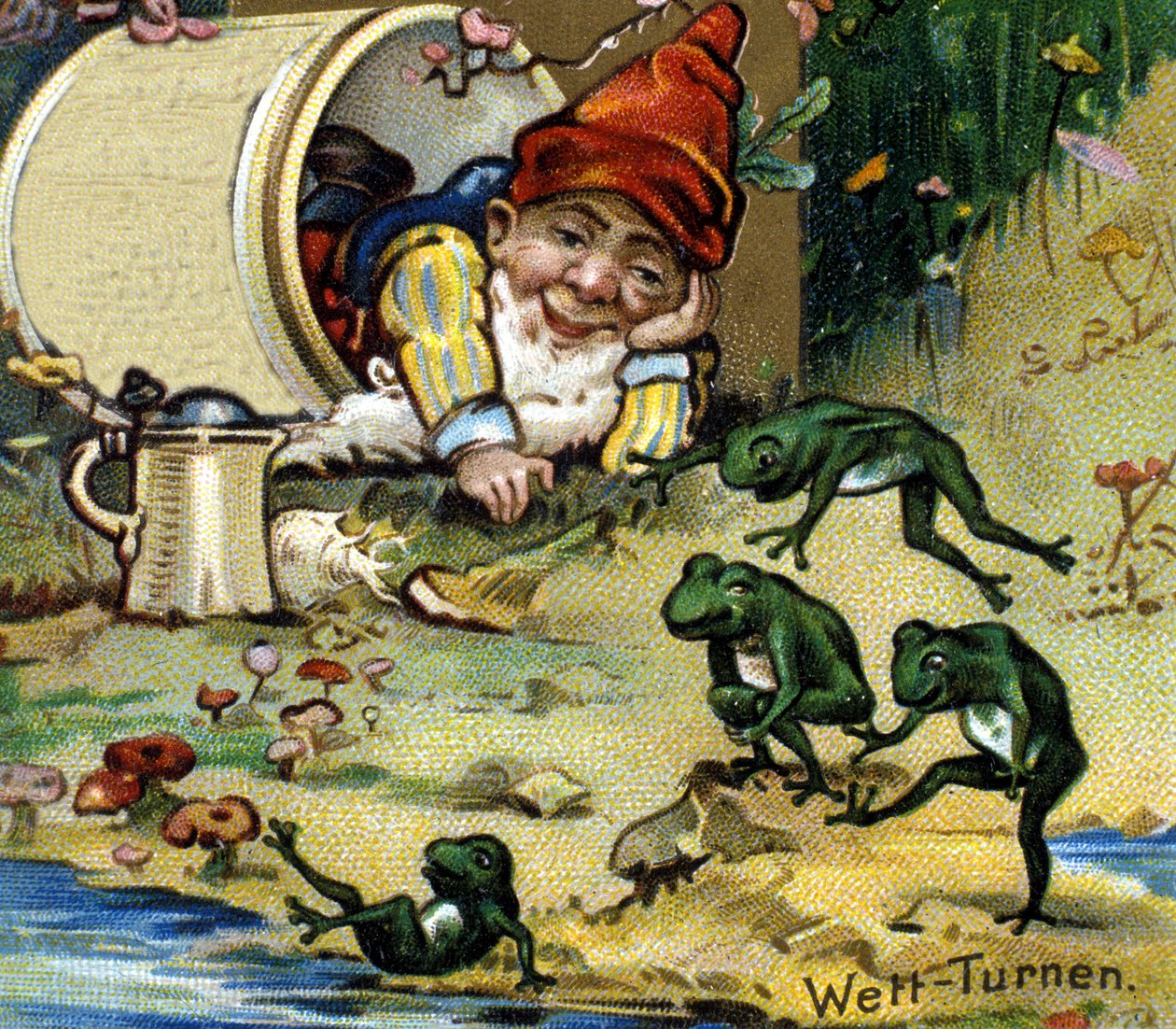 Ein Zwerg oder Kobold spielt mit Fröschen. Chromolithographie aus dem 19. Jahrhundert von Unknown artist