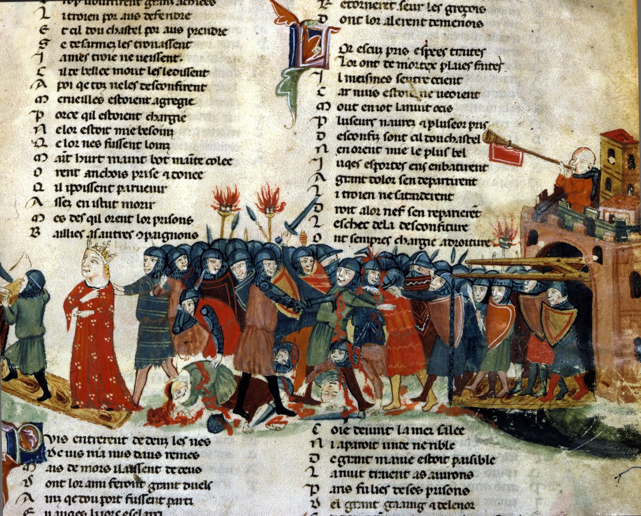 Ein König wird gefangen genommen und von der feindlichen Armee weggeführt, während die Opfer der Schlacht am Boden liegen. Miniatur aus dem „Roman de Troy“ von Benoit de Sainte Maure. 14. Jahrhundert, Biblioteca Marciana, Venedig von Unknown artist