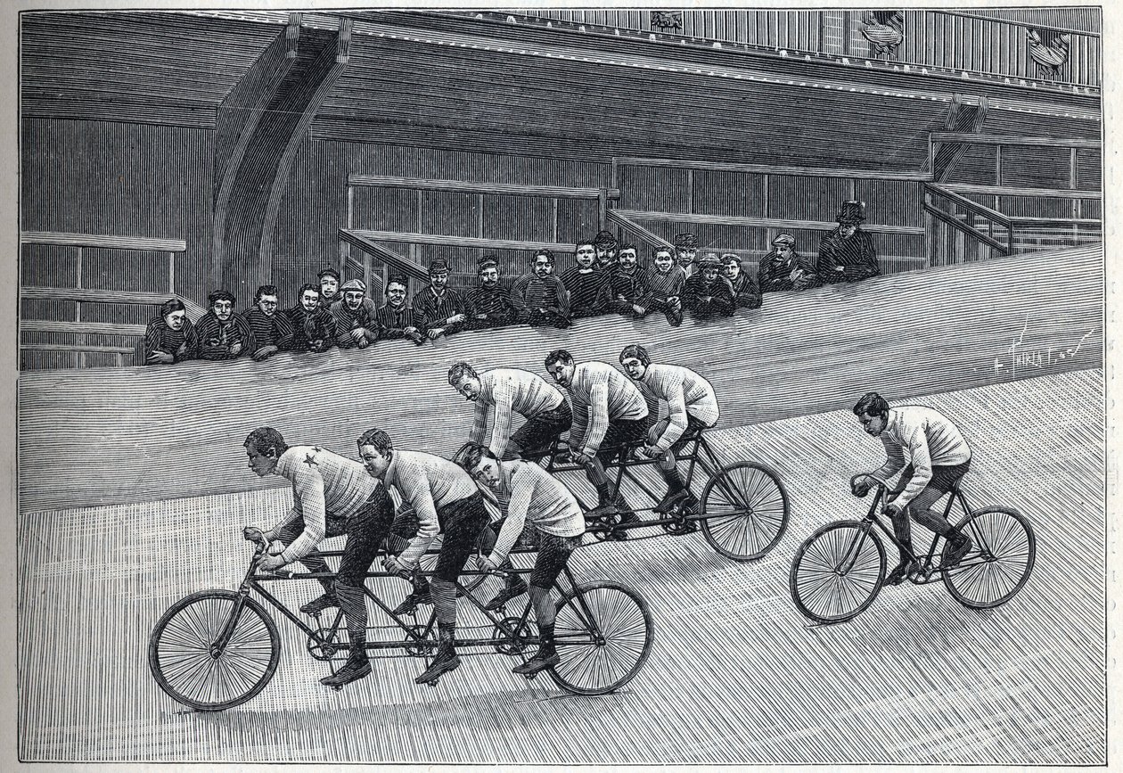 Ein Rekordfahrer mit seinen Trainern auf Dreifachzügen auf einer Radrennbahn. Gravur in "La Nature" von Unknown artist