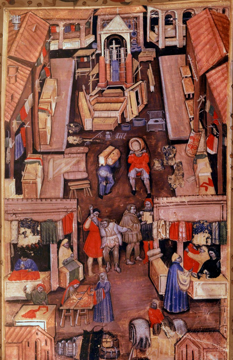 Ein Spaziergang: Tuchhändler, Schneider, Bekleidungshändler in einer französischen Stadt. Oben, Bau einer Miniaturkirche aus einem Manuskript des 15. Jahrhunderts von Unknown artist