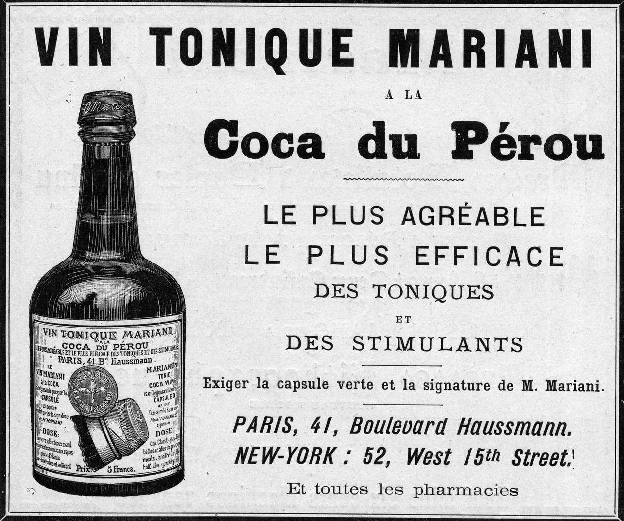 Werbung von 1889 für den „Weintonikum Mariani a la coca du perou“ (Kokain) von Unknown artist
