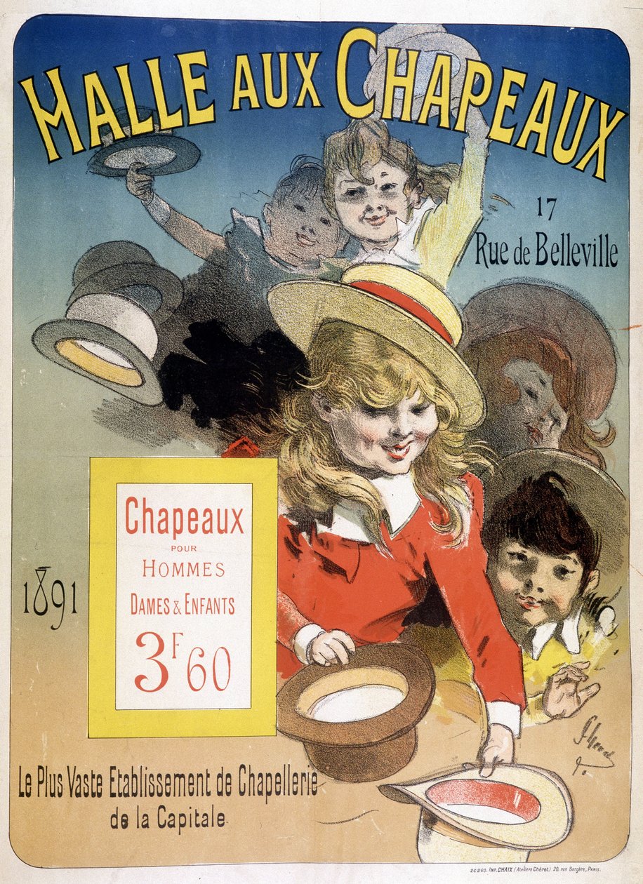 Werbeplakat für die „Halle aux hats“, rue de Belleville in Paris von Unknown artist