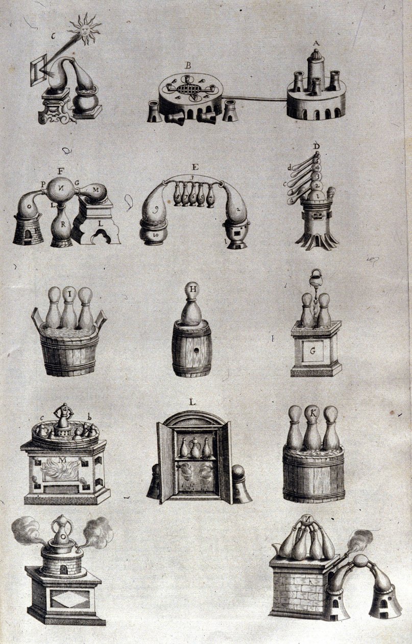 Alchemie: Tafel mit verschiedenen Modellen von Destillationsapparaten und Brennblasen. Athanase Kircher (oder Athanasius Kircheri 1602-1680), deutscher Jesuit. Gravur des 17. Jahrhunderts. von Unknown artist