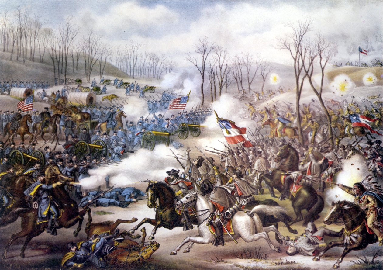 Amerikanischer Bürgerkrieg (1861 - 1865): Schlacht von Pea Ridge oder Elkhorn Tavern (Arkansas) 06. - 08. März 1862. Gravur aus dem 19. Jahrhundert von Unknown artist