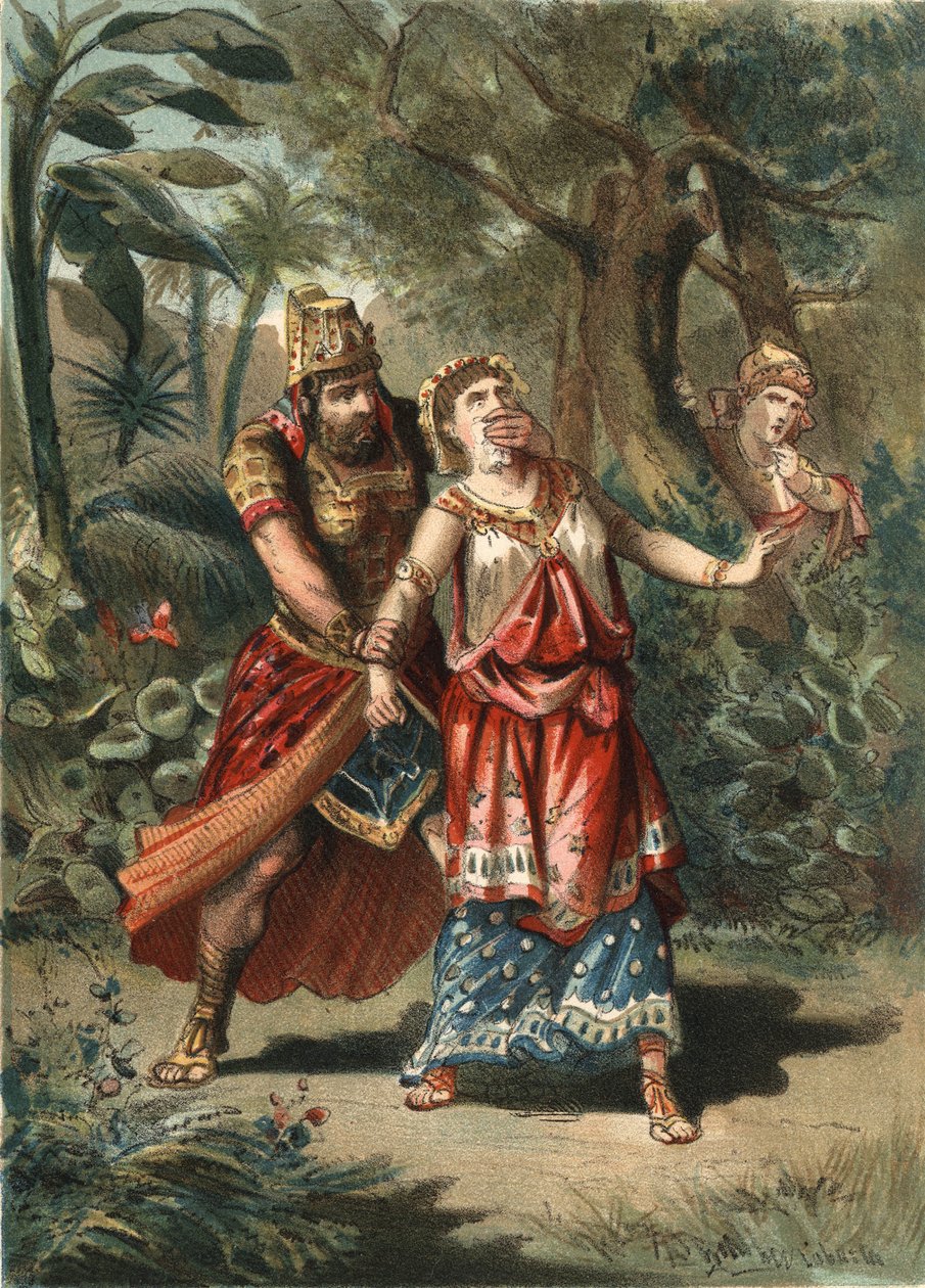 Amestris, Frau von Xerxes, König der Perser, wird von einem Diener von Artaynte entführt. In „El Culto de la Hermosura“ von Juan Justo Huguet, Molinas Hermanos editores von Unknown artist