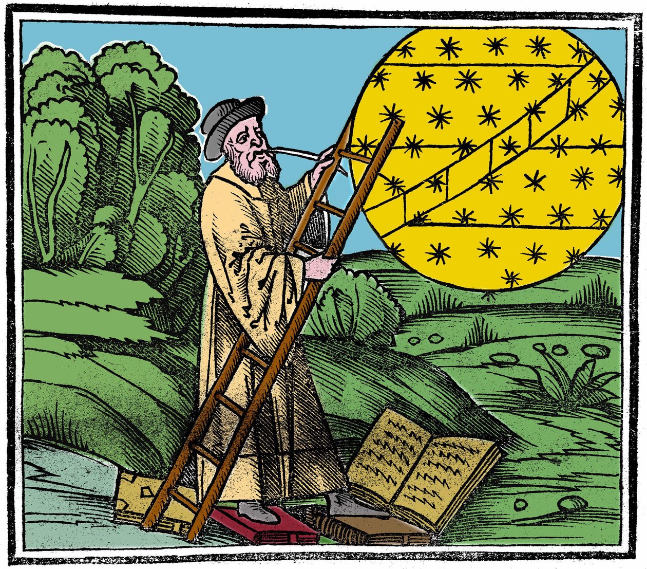 Ein Astronom stellt eine Leiter auf, um in den Himmel zu steigen. von Unknown artist