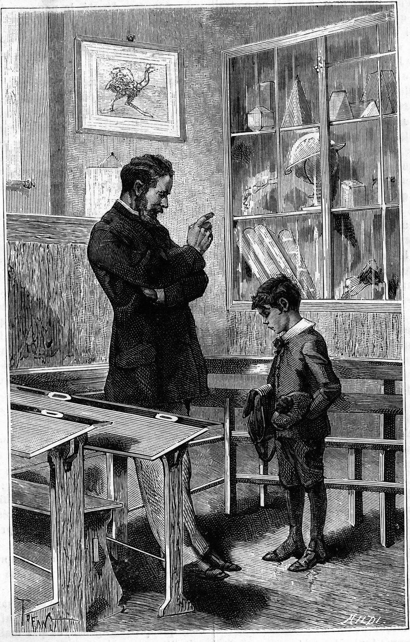 Andre Gaudry wird von seinem Lehrer getadelt. Gravur in „Le journal de la jeunesse“ von Unknown artist